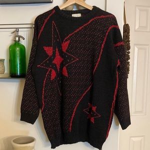 VINTAGE Ellen D Kollection Black Knit Sweater with Red Tinsel Star Design